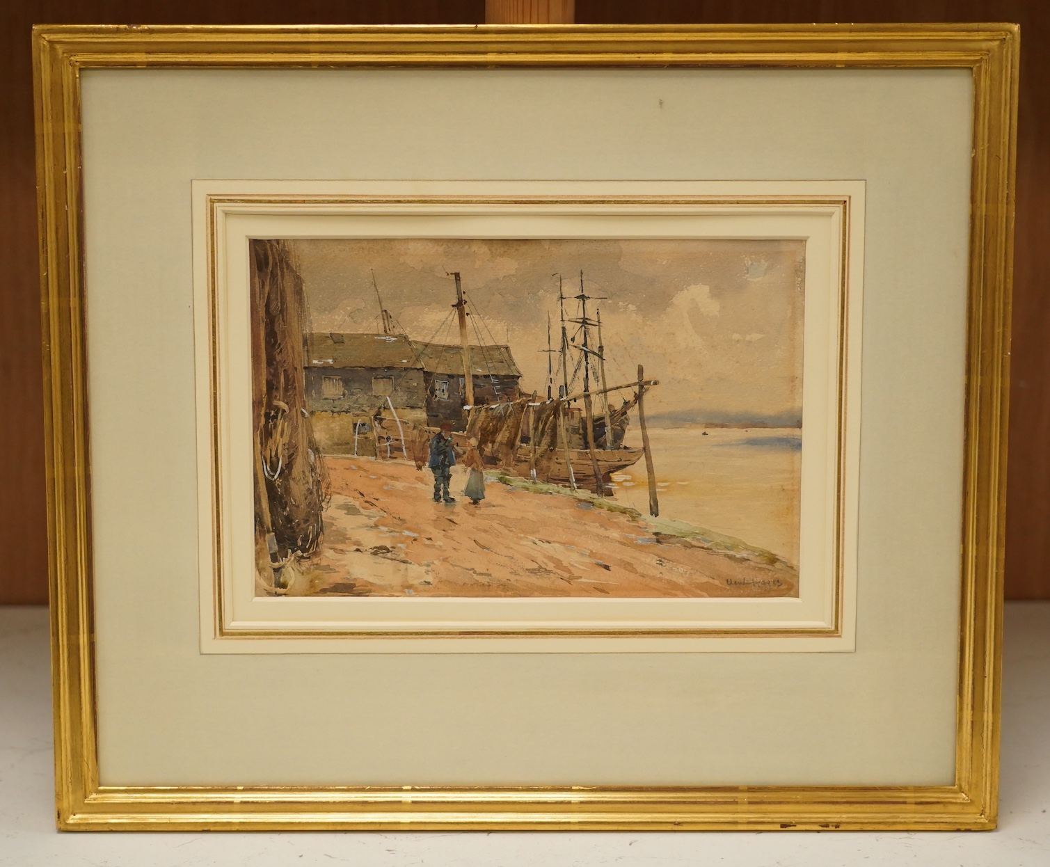 Claude Hayes (1852-1922), two watercolours, Town scene with church and Harbour scene, each signed, largest 16 x 26cm. Condition - poor to fair, discolouration to the paper